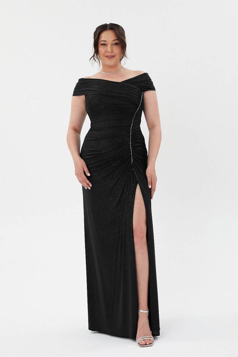 Black Kayık collar draped stone bright fabric big size evening dress 10 - 1