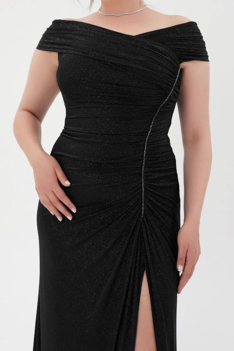 Black Kayık collar draped stone bright fabric big size evening dress 10 - 2