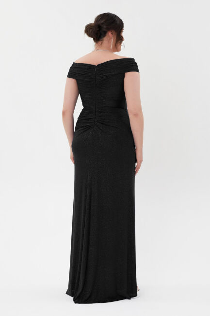Black Kayık collar draped stone bright fabric big size evening dress 10 - 3