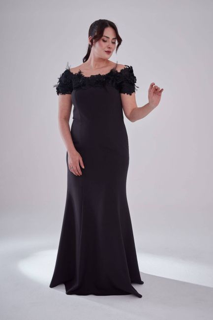 Black Kayık collar Rose Crepe Large Size Evening Dress 59 - 1