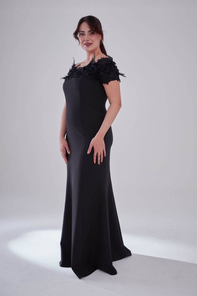Black Kayık collar Rose Crepe Large Size Evening Dress 59 - 2
