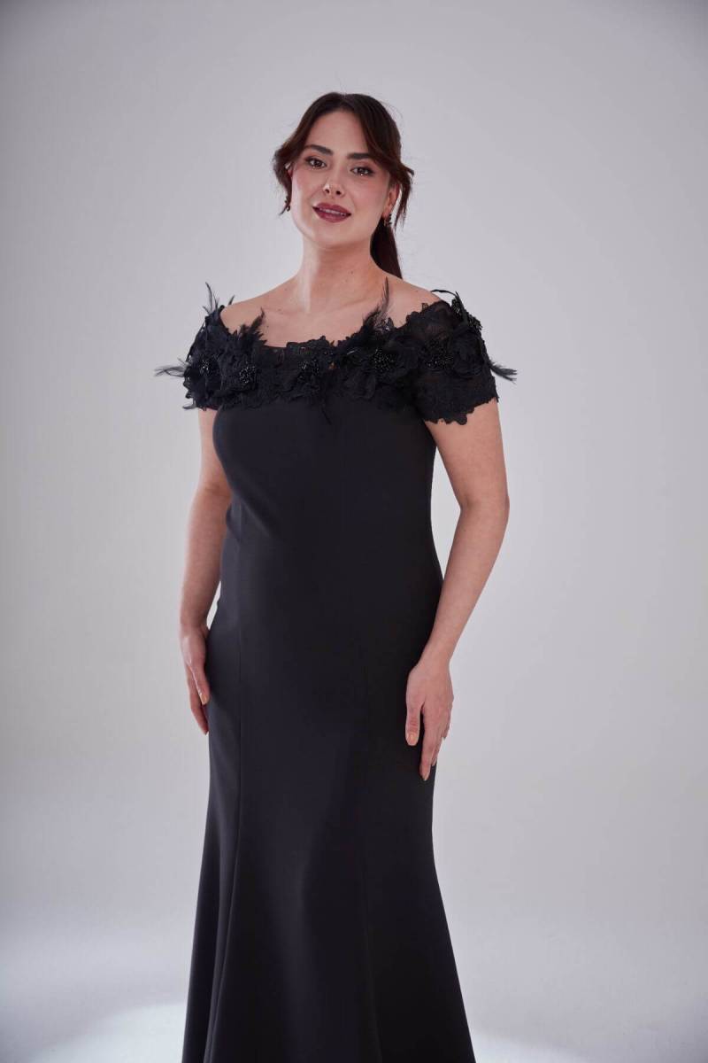 Black Kayık collar Rose Crepe Large Size Evening Dress 59 - 3