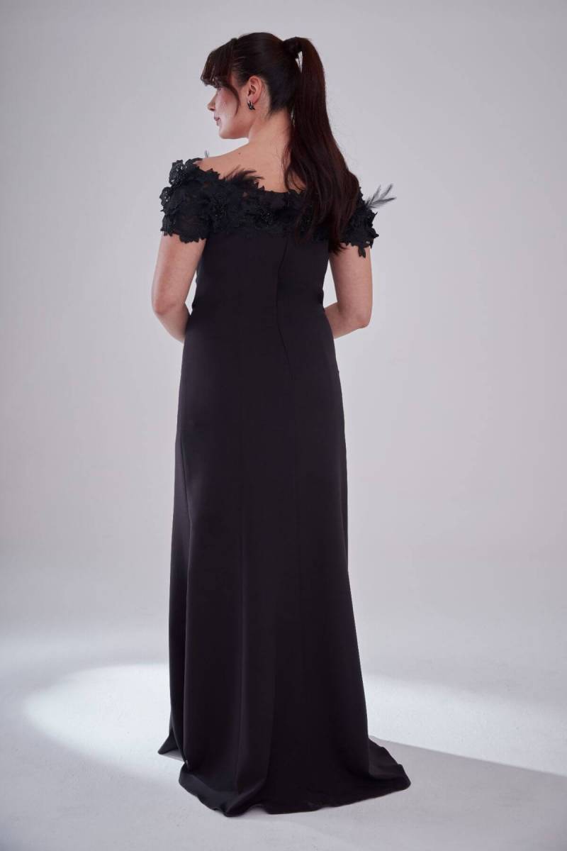 Black Kayık collar Rose Crepe Large Size Evening Dress 59 - 4