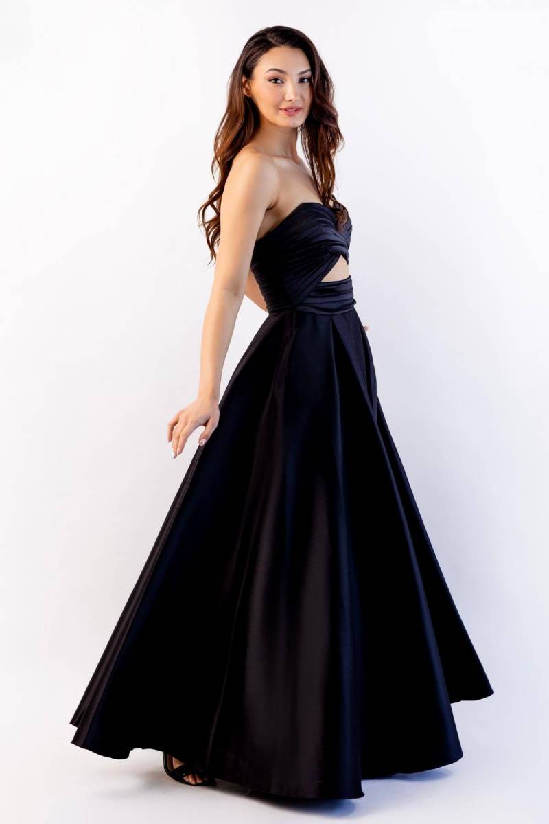 Black Kiss Neckline Draped Chest Pocketed Taffeta Evening Dress 23 - 1