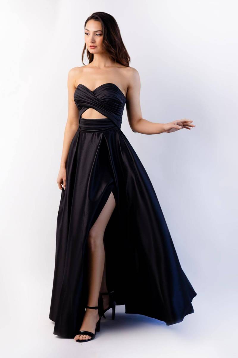 Black Kiss Neckline Draped Chest Pocketed Taffeta Evening Dress 23 - 2