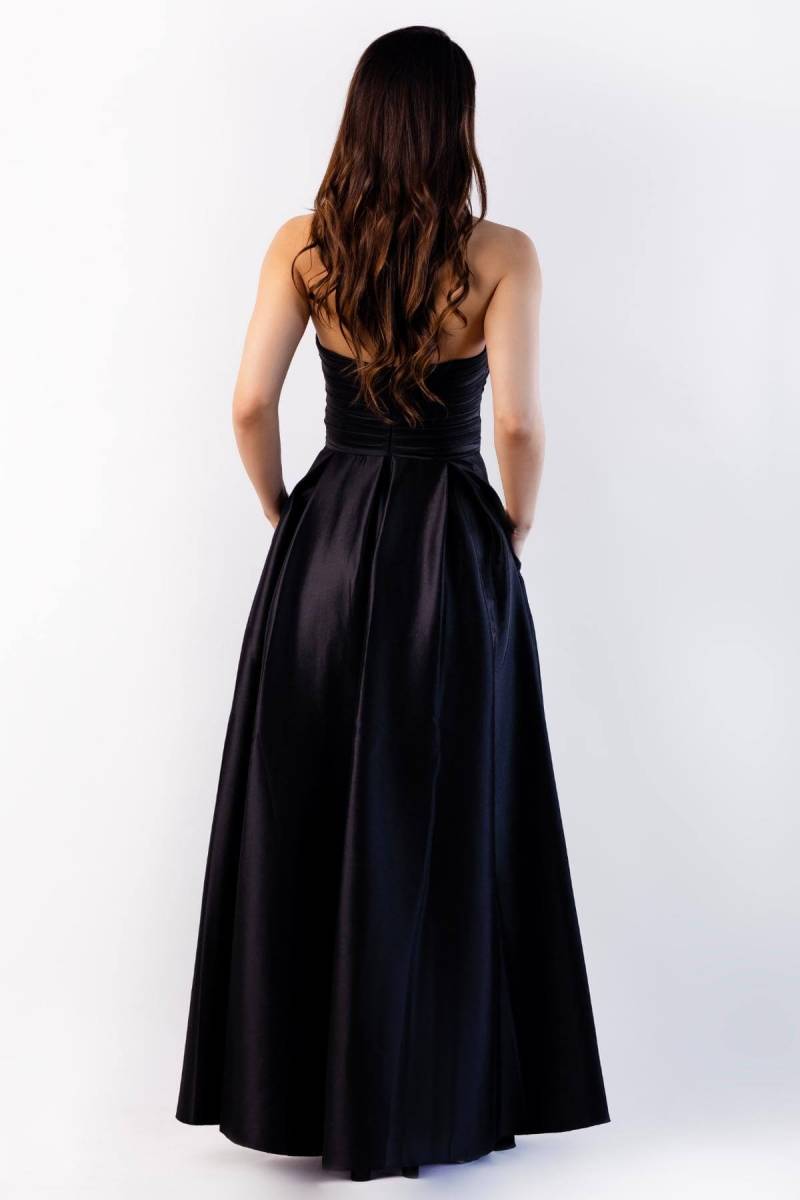Black Kiss Neckline Draped Chest Pocketed Taffeta Evening Dress 23 - 4