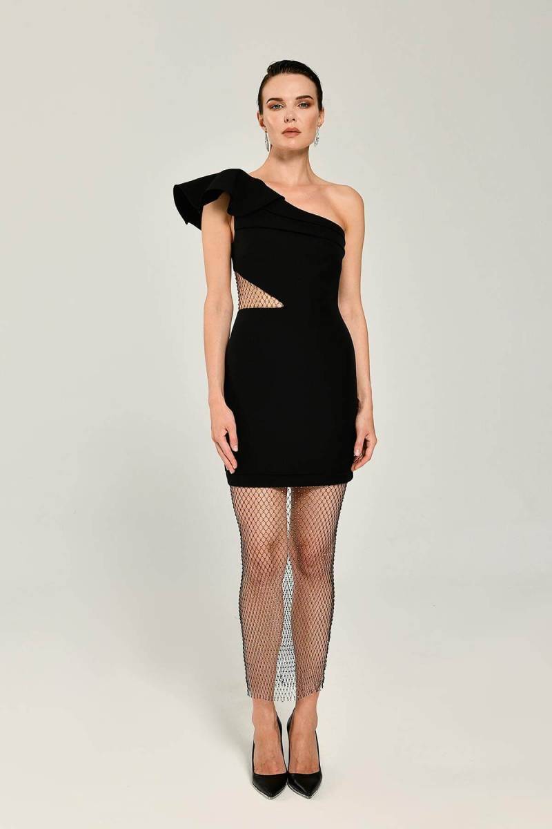 Black One Shoulder Detail Side and Skirt Misled Short Night Dress 89 - 2