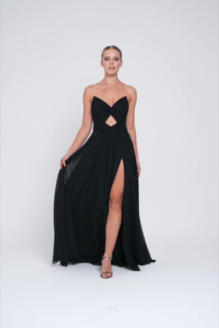 Black pointed collar knotted drapel slit tulle evening dress 36 - 1