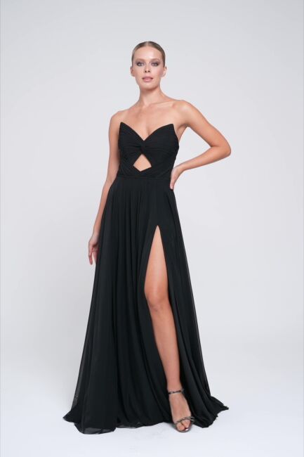 Black pointed collar knotted drapel slit tulle evening dress 36 - 2