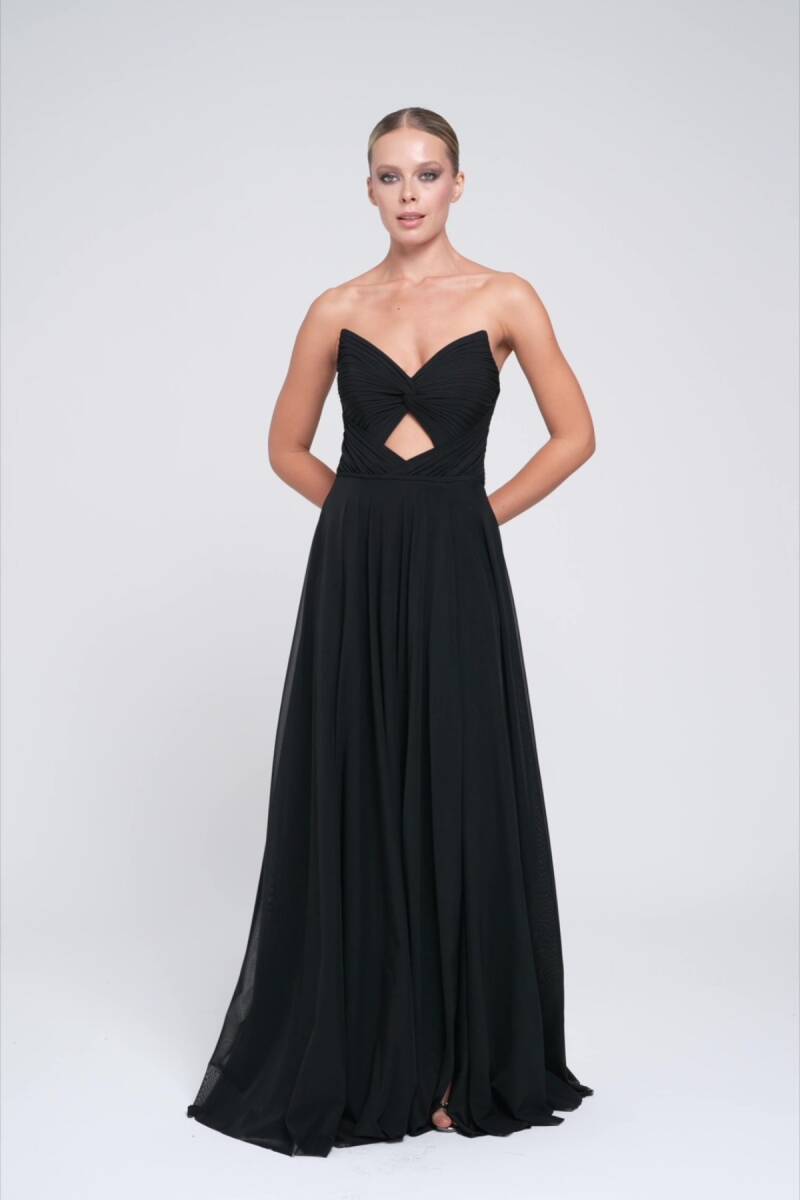 Black pointed collar knotted drapel slit tulle evening dress 36 - 3