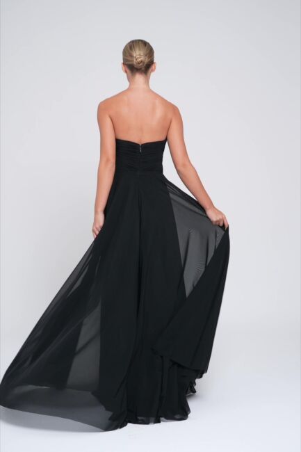 Black pointed collar knotted drapel slit tulle evening dress 36 - 4
