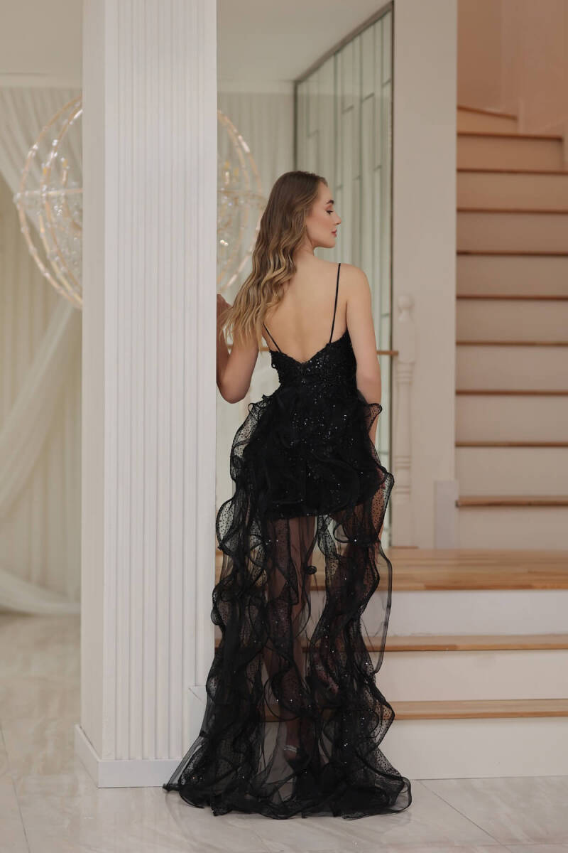 Black Rope Hanging Payet Embroidered Mini Evening Dress with Flane Wolan 36 - 4