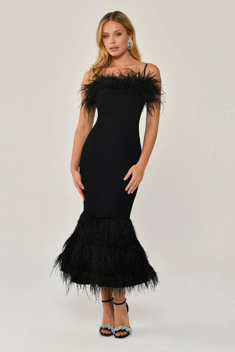 Black rope strap chest and skirt hairy midi evening dress 19 - 1