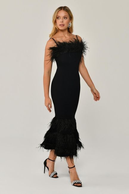 Black rope strap chest and skirt hairy midi evening dress 19 - 2