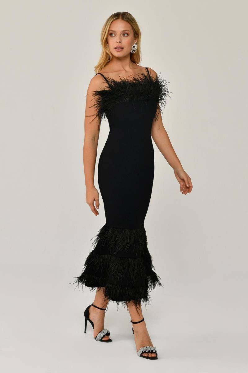 Black rope strap chest and skirt hairy midi evening dress 19 - 2