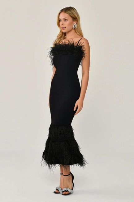 Black rope strap chest and skirt hairy midi evening dress 19 - 3