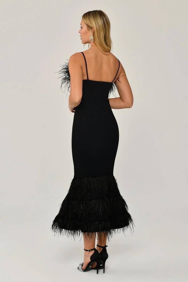 Black rope strap chest and skirt hairy midi evening dress 19 - 4