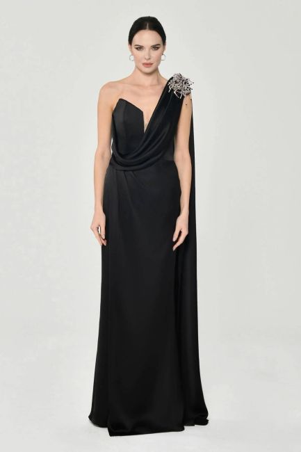Black Single Shoulder Brooch Satin Evening Dress-17 