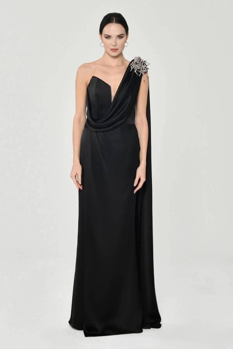 Black Single Shoulder Brooch Satin Evening Dress-17 - 1