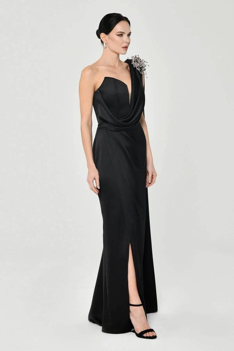 Black Single Shoulder Brooch Satin Evening Dress-17 - 2