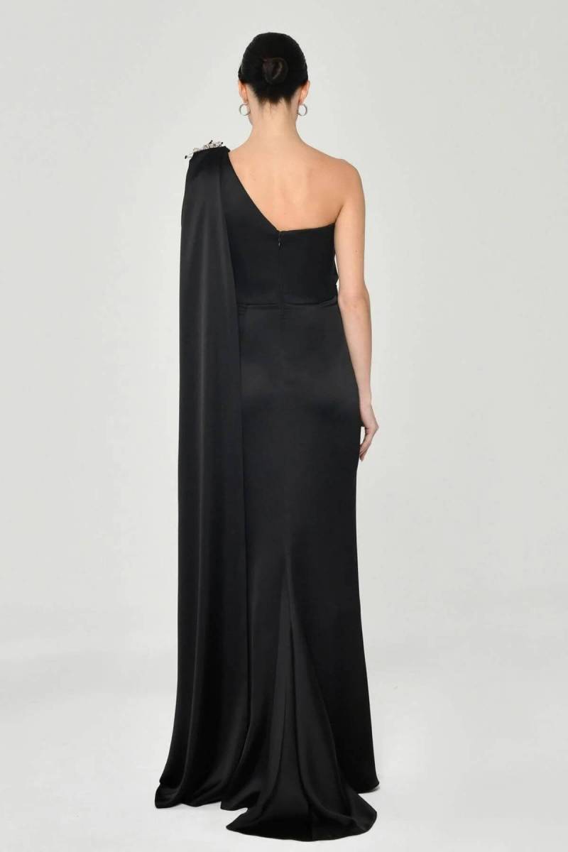 Black Single Shoulder Brooch Satin Evening Dress-17 - 4