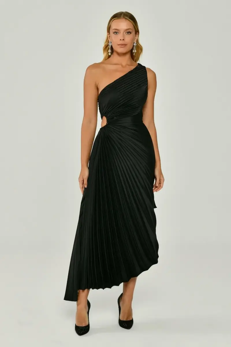 Black Single Shoulder Detailed Lip Detail Plain Satin Mini Evening Dress 33 - 1