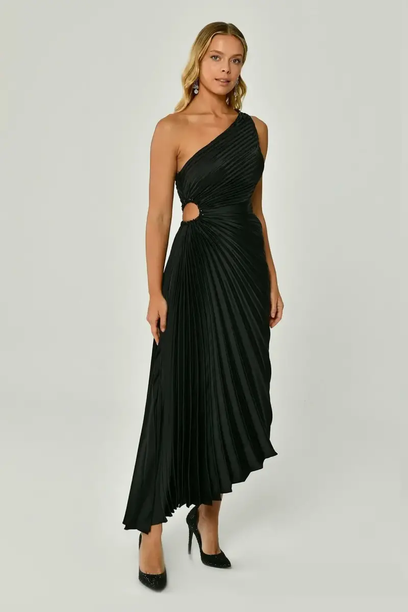 Black Single Shoulder Detailed Lip Detail Plain Satin Mini Evening Dress 33 - 2
