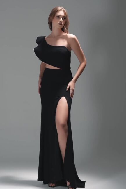 Black Single Shoulder Fish with Lip Décollettees Fish Evening Dress 91 - 2