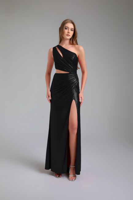 Black Single Shoulder Side Décollette Slit Bright Fabric Dress 92 - 1