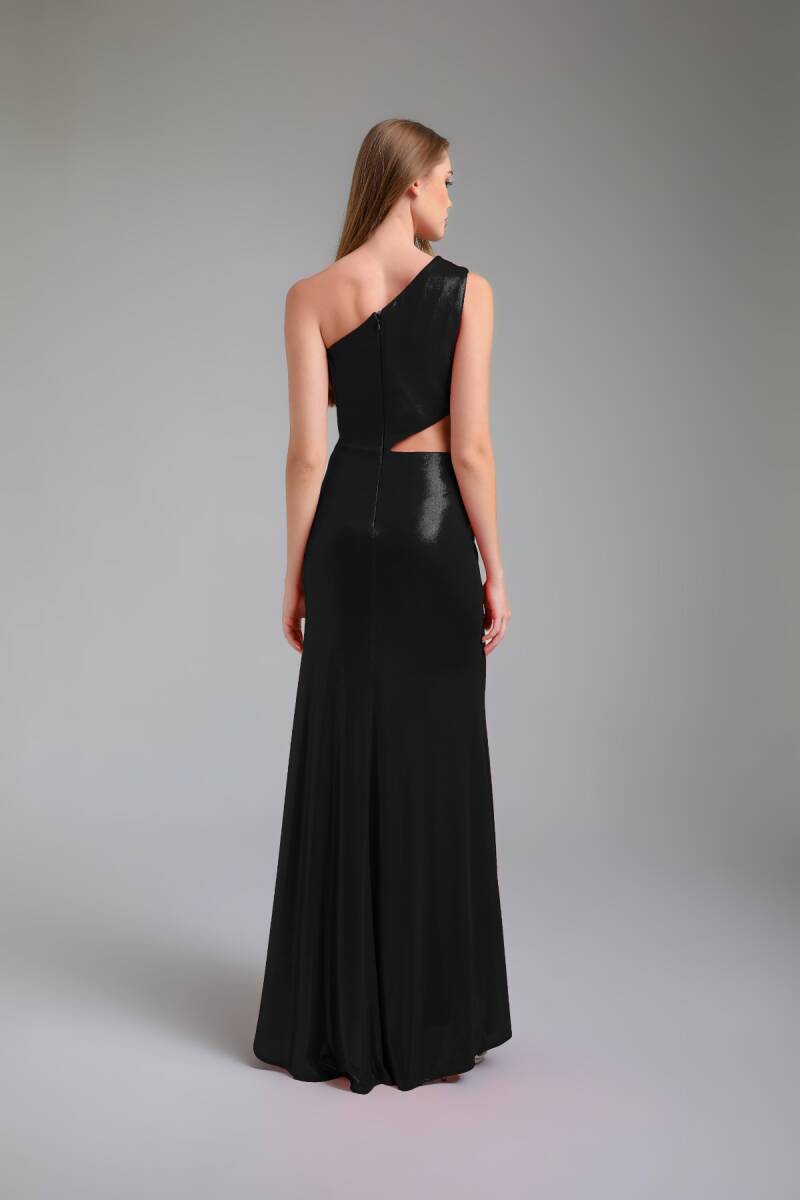 Black Single Shoulder Side Décollette Slit Bright Fabric Dress 92 - 2
