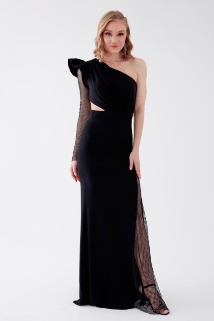 Black Single Terpi Detailed Slit Crepe Evening Dress 18 - 1