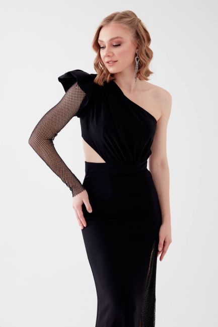 Black Single Terpi Detailed Slit Crepe Evening Dress 18 - 2