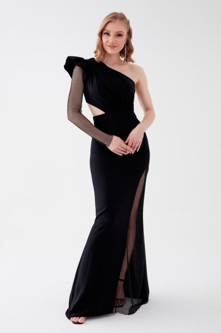 Black Single Terpi Detailed Slit Crepe Evening Dress 18 - 3
