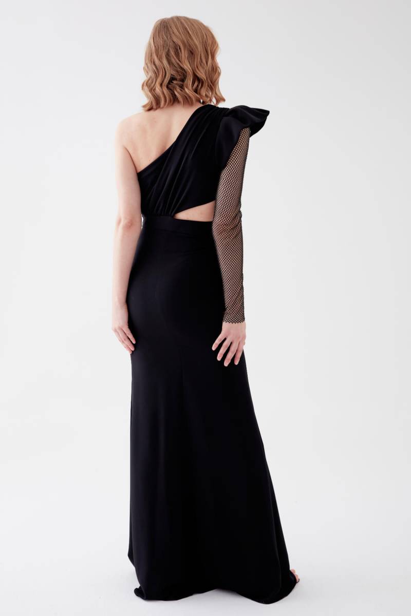 Black Single Terpi Detailed Slit Crepe Evening Dress 18 - 4