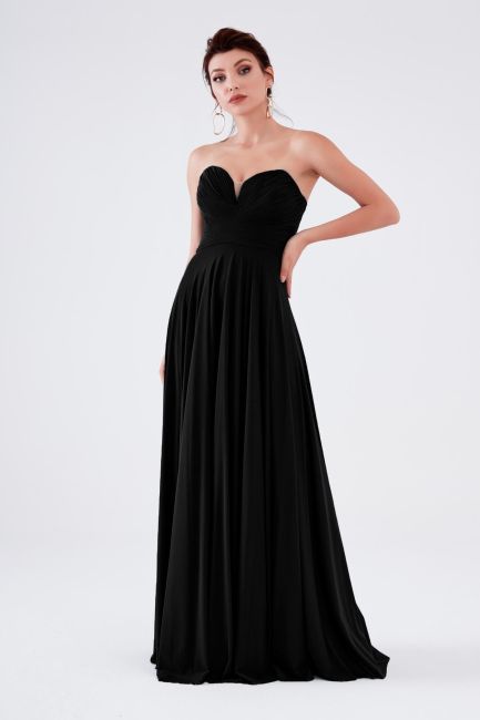 Black Strapless Chest Darapeli Tulle Evening Dress - 2