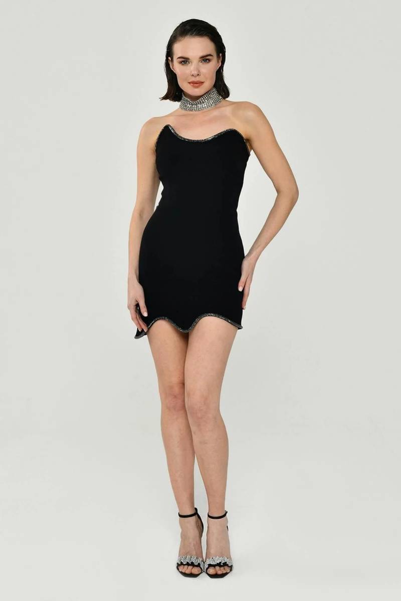 Black Strapless Ribbon Accessory Mini Evening Dress 36 - 1