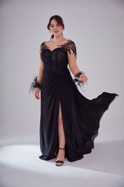Black V -Neck Long Arm Furry Embroidered Slip Large Size Evening Dress - 1