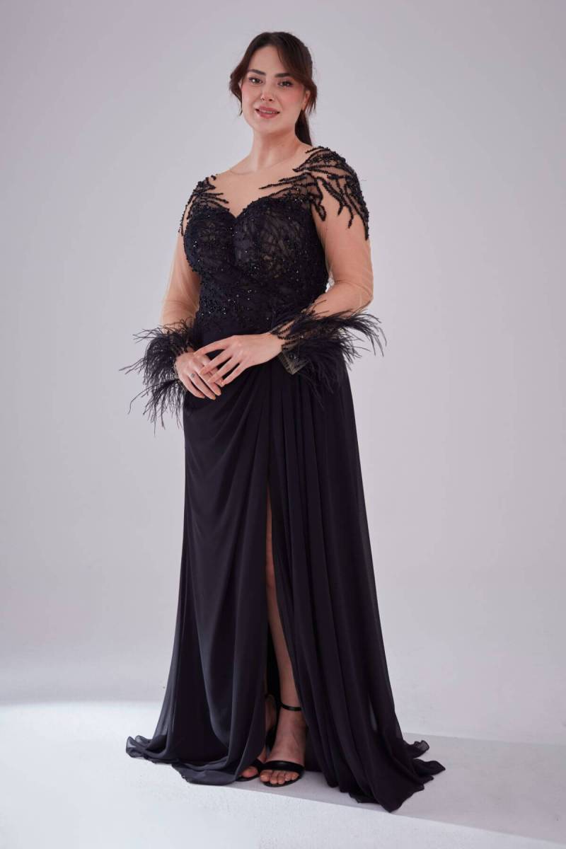 Black V -Neck Long Arm Furry Embroidered Slip Large Size Evening Dress - 2