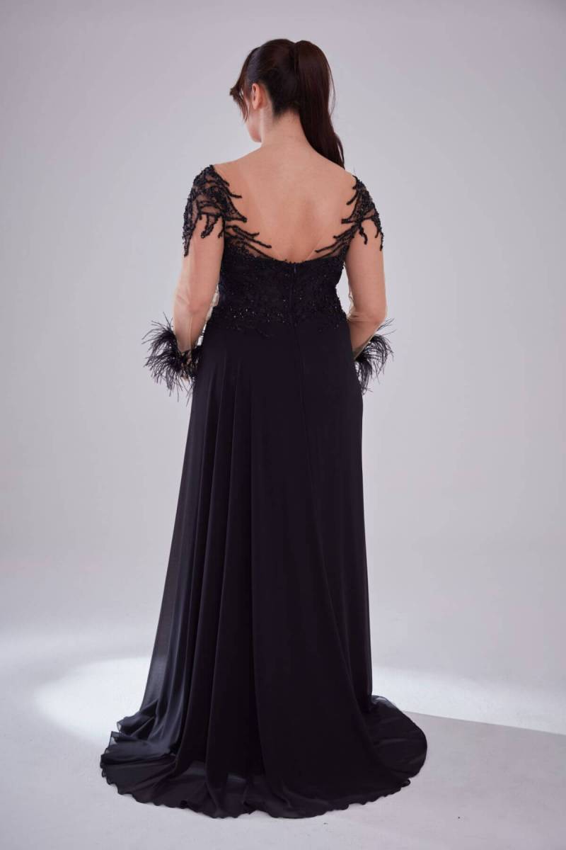 Black V -Neck Long Arm Furry Embroidered Slip Large Size Evening Dress - 4