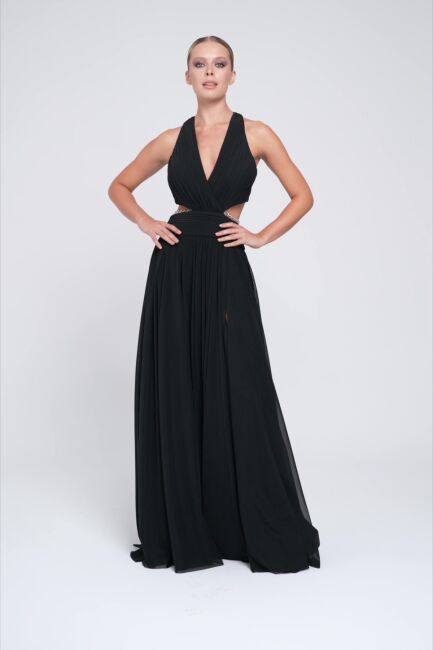 Black Halter Neck Stone Chain Backless Evening Dress 22 