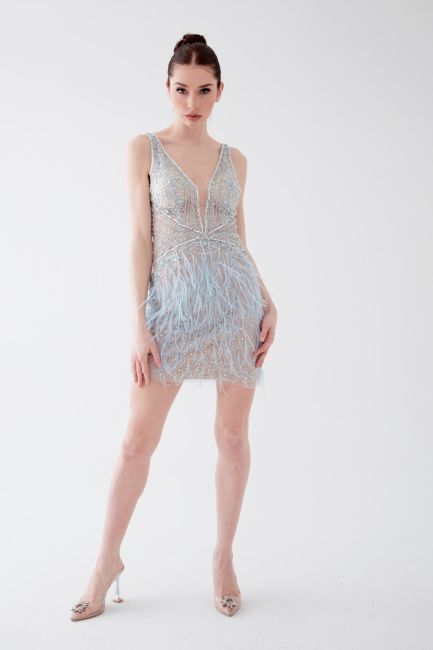 Blue Deep V Feather Detailed Imported Short Evening Dress - 2