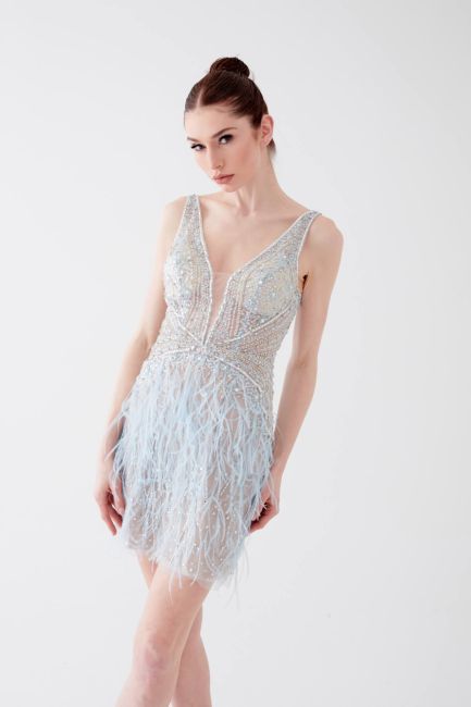 Blue deep V feather detailed import short evening dress dress 