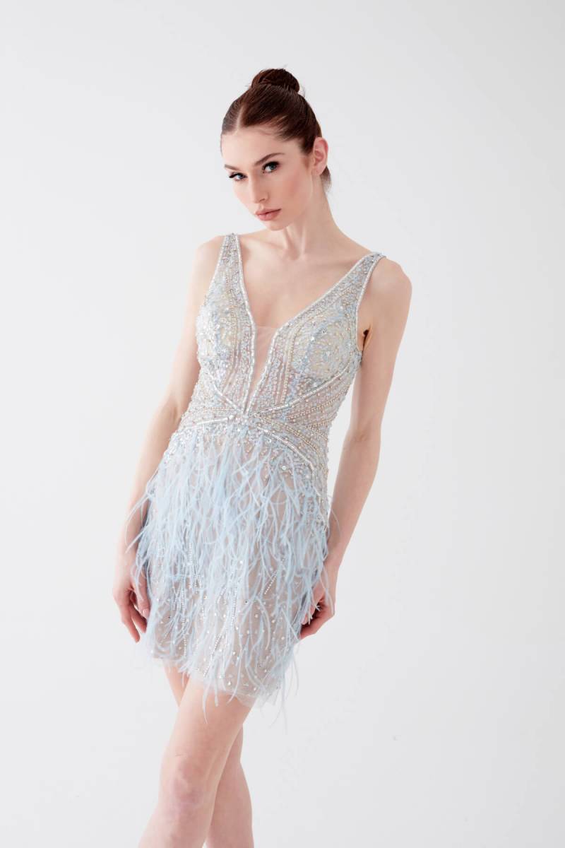 Blue Deep V Feather Detailed Imported Short Evening Dress - 1