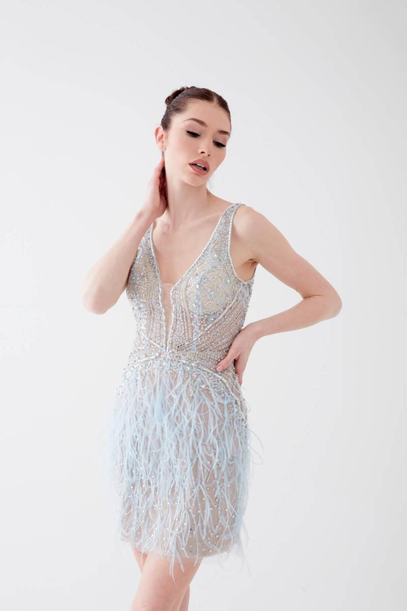 Blue deep V feather detailed import short evening dress dress - 4