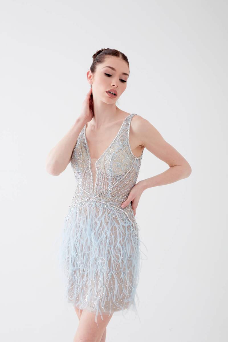 Blue Deep V Feather Detailed Imported Short Evening Dress - 3