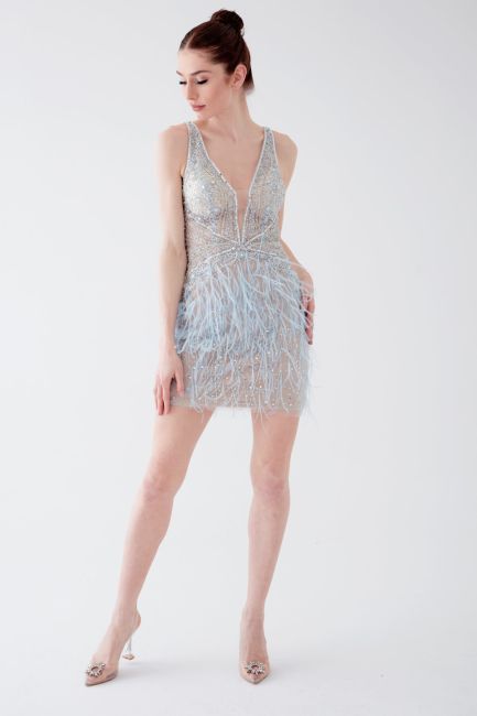 Blue Deep V Feather Detailed Imported Short Evening Dress - 4