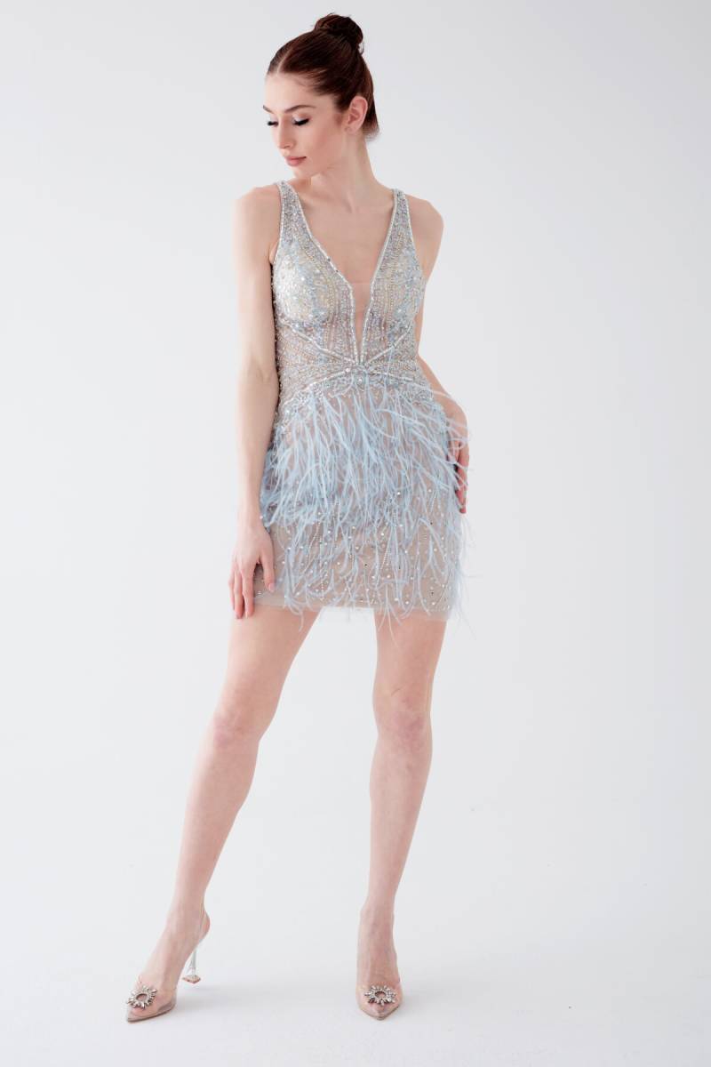 Blue Deep V Feather Detailed Imported Short Evening Dress - 4