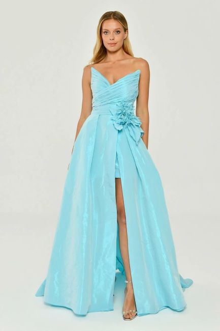 Blue Pointed Neck Plee Pleated Mini Crush Tafta Dress Dress 26 