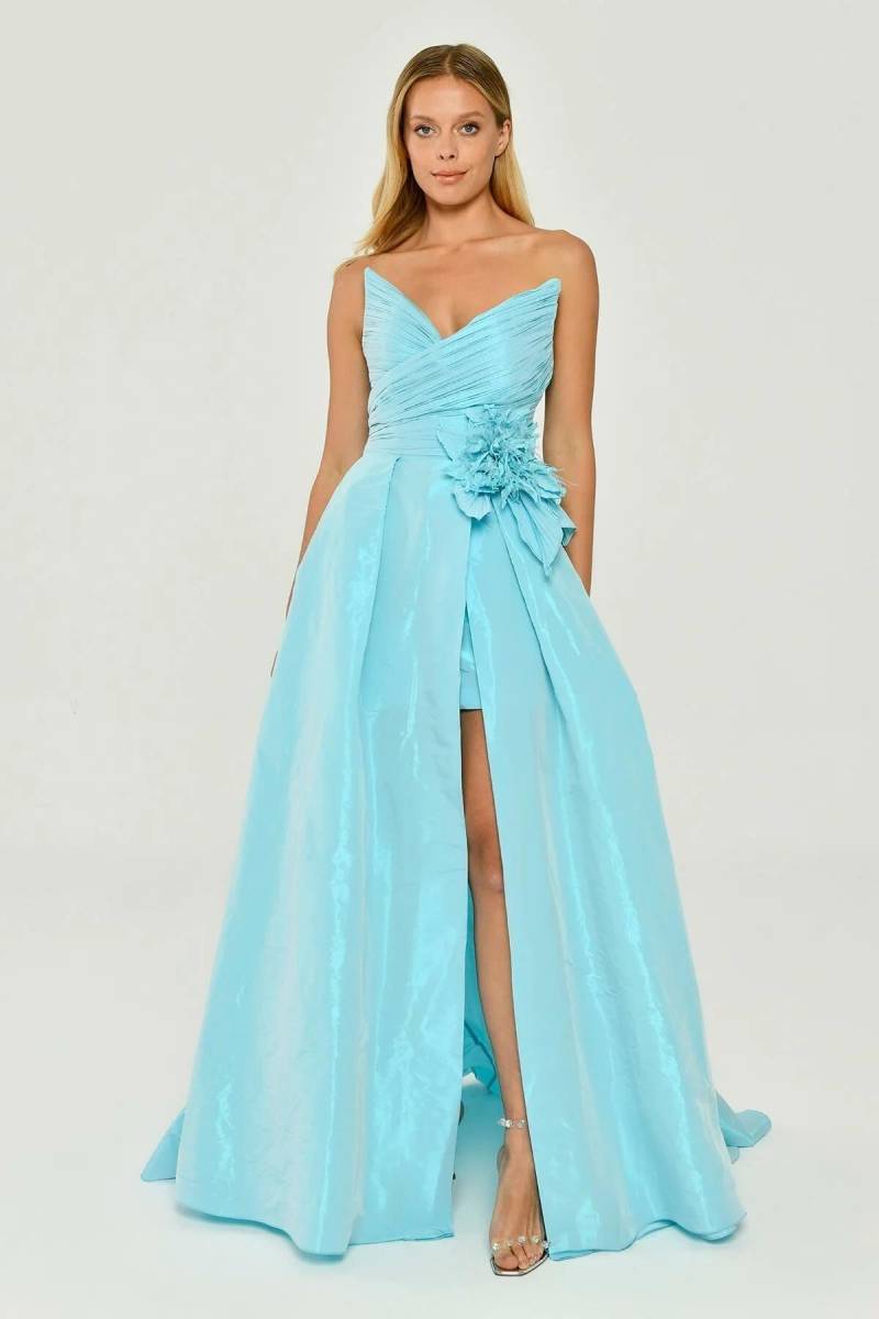 Blue Pointed Neck Plee Pleated Mini Crush Tafta Dress Dress 26 - 1
