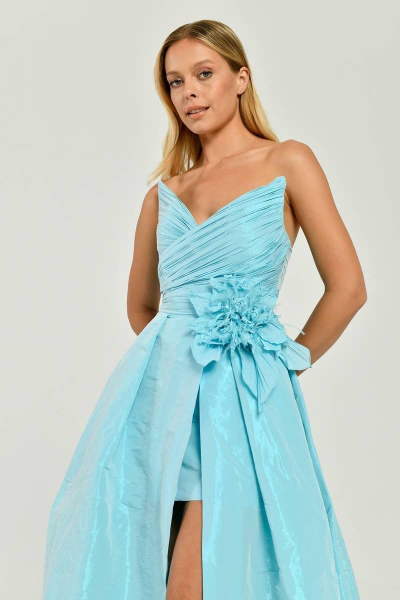 Blue Pointed Neck Plee Pleated Mini Crush Tafta Dress Dress 26 - 2